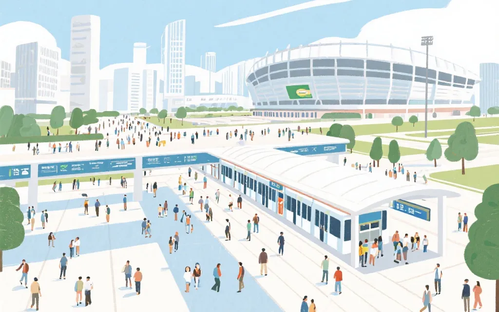 城市公共交通枢纽与球迷步行街的组合场景，体现世界杯决赛带来的城市更新与人流组织
